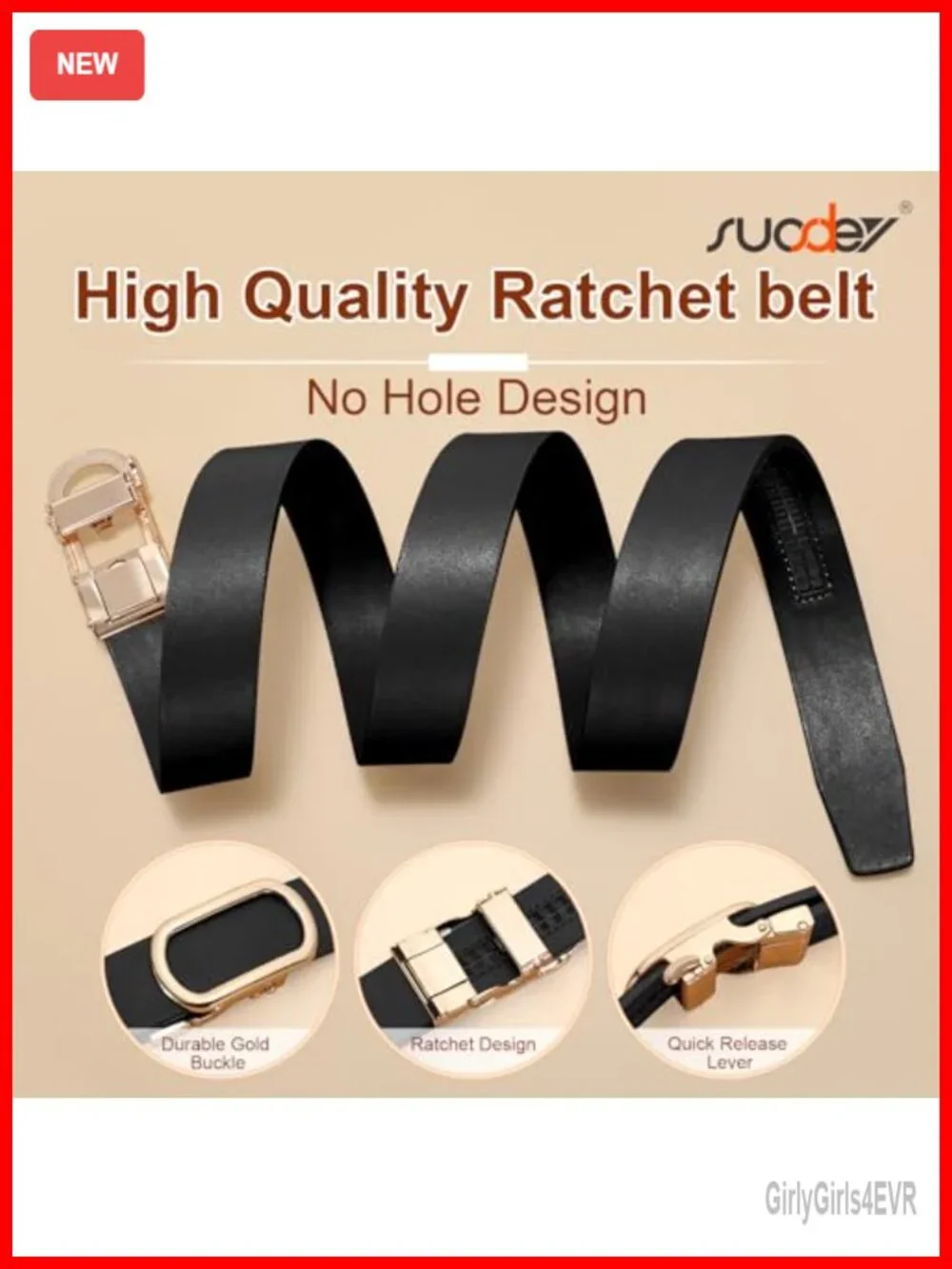 Women's Ratchet Belt Leather with Gold Automatic Sliding Buckle, 1.2